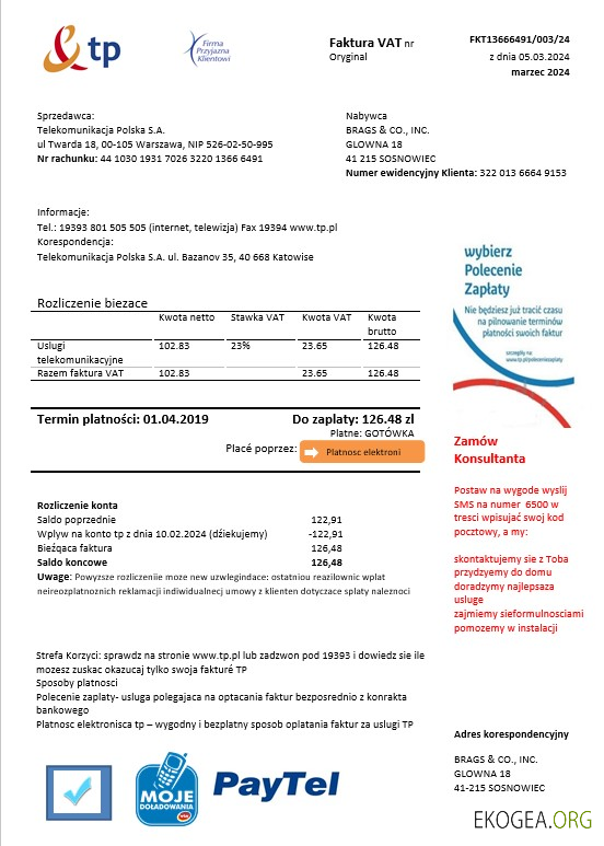 Modèle de facture de services publics pour les entreprises Pologne TP aux formats Word et PDF